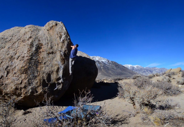 On The Prow (V2) near Bishop. Image taken from the Bishop bouldering video.