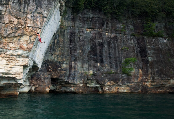 Above: A climber on a 5.8ish arete at Summersville Lake, West Virginia.