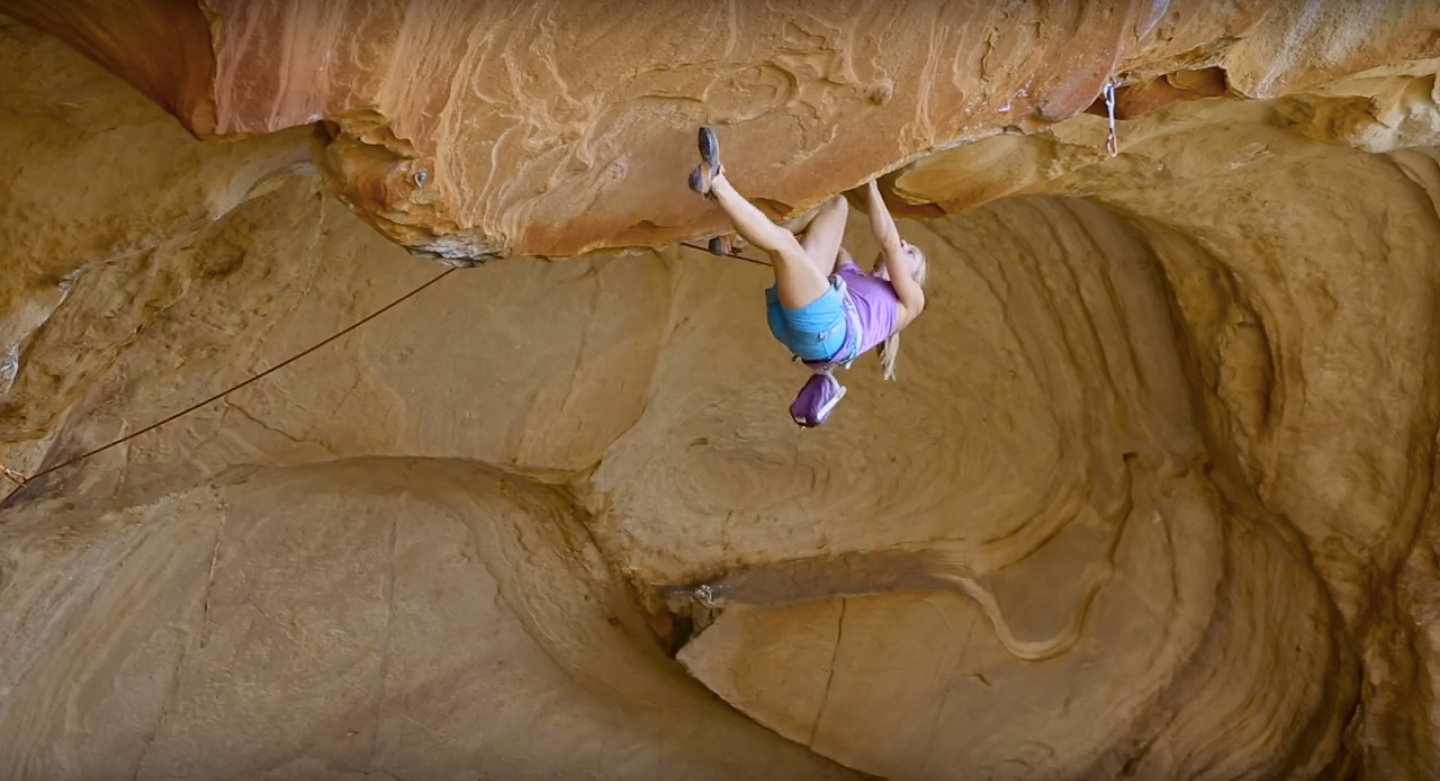 Katha Saurwei on Eye of the Tiger (5.13b), as shown in the this video that's also linked below.