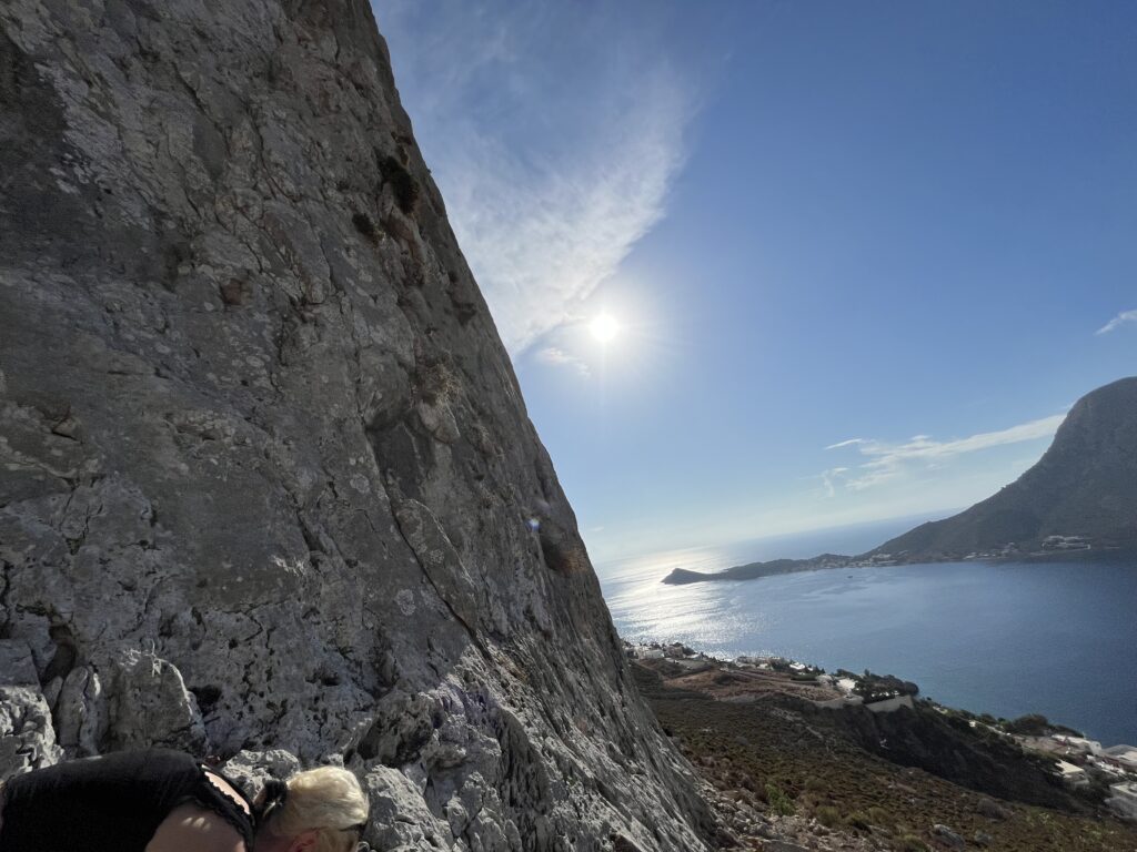 Rock climbing wall in Kalymnos, Poets wall. ocean in background. 